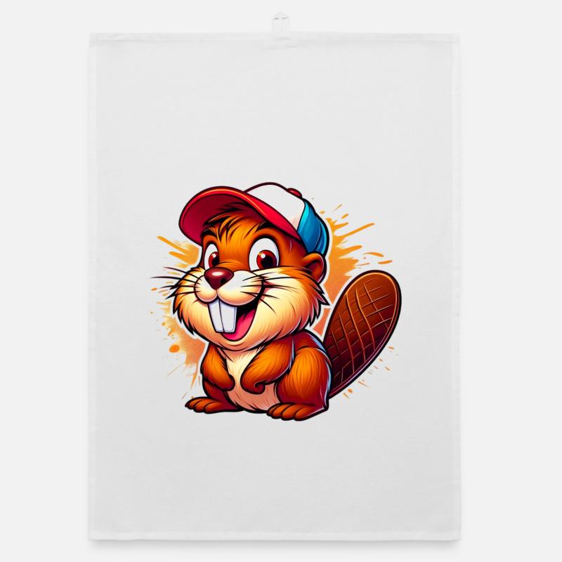Beaver with baseball cap Organic dish towel