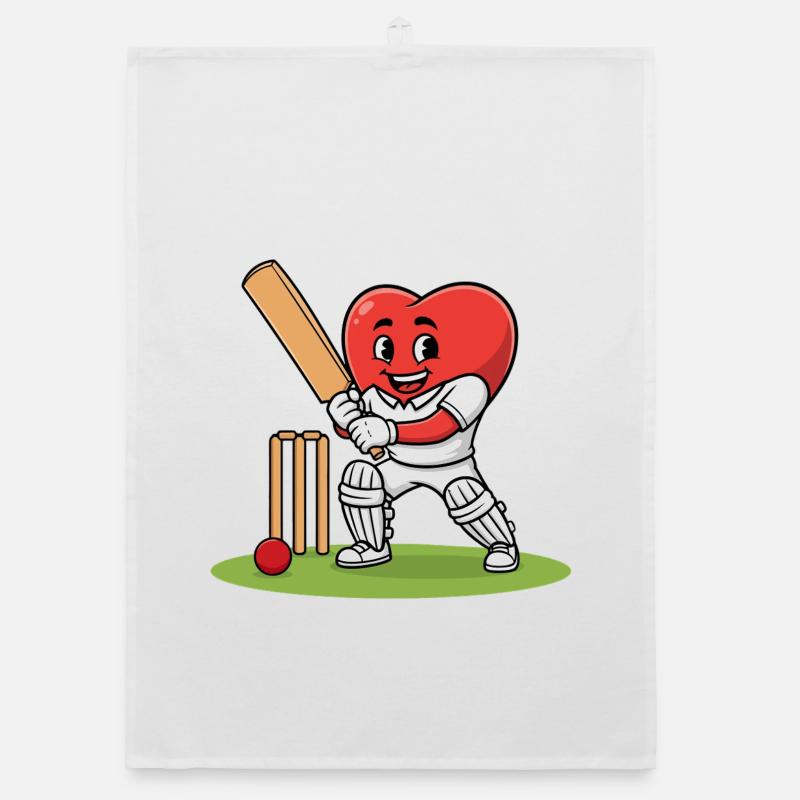 Cricket Herz Maskottchen mit Schläger und Ball - Organic Geschirrtuch - Weiß
