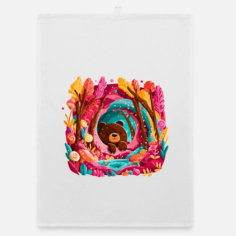Bear in the magical color forest Organic dish towel