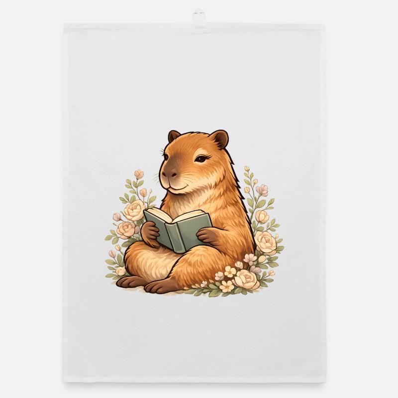 Reading Capybara with Flowers Book Lover Organic dish towel