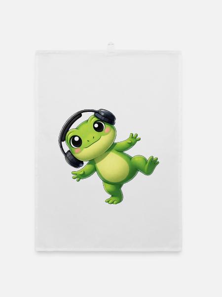 Süßer Frosch Kröte Unke mit Kopfhörern Tanzen Tech - Organic Geschirrtuch - Weiß - Vorne