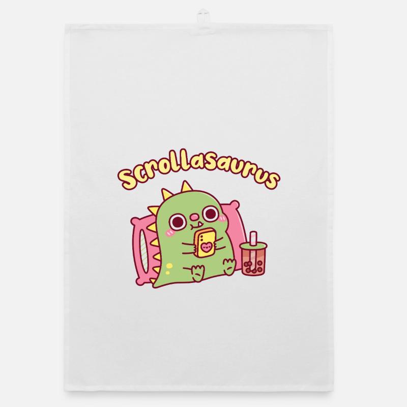 Niedlicher Scrollasaurus-Dinosaurier scrollt auf dem Handy Organic Geschirrtuch