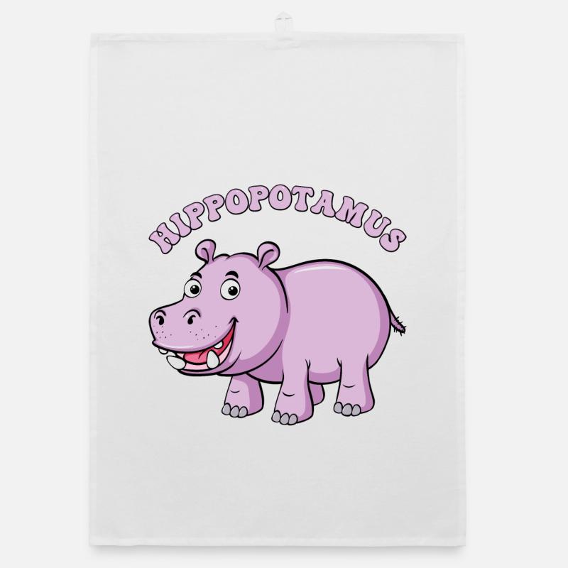 Hippopotame violet dessin animé sourire - Torchon bio - blanc