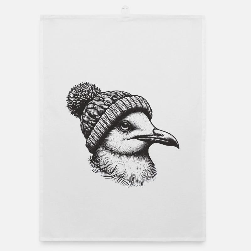 Seagull with bobble hat Organic dish towel