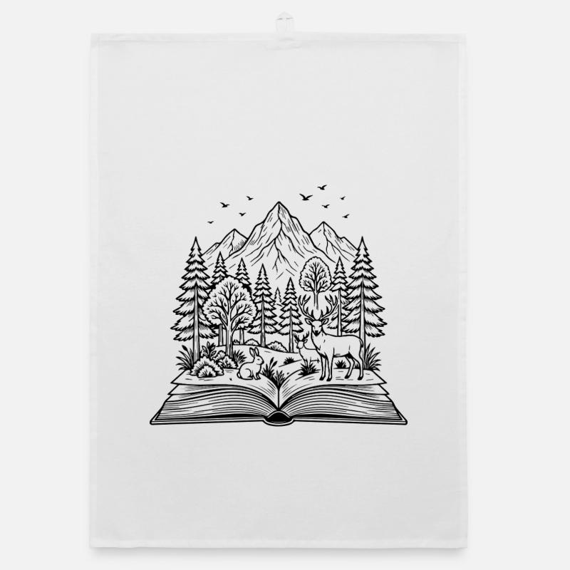 Open Book with Forest, Deer & Rabbit Design Organic dish towel