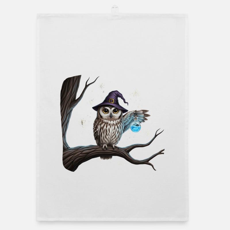 Magic owl with witch hat and magic bottle Organic dish towel