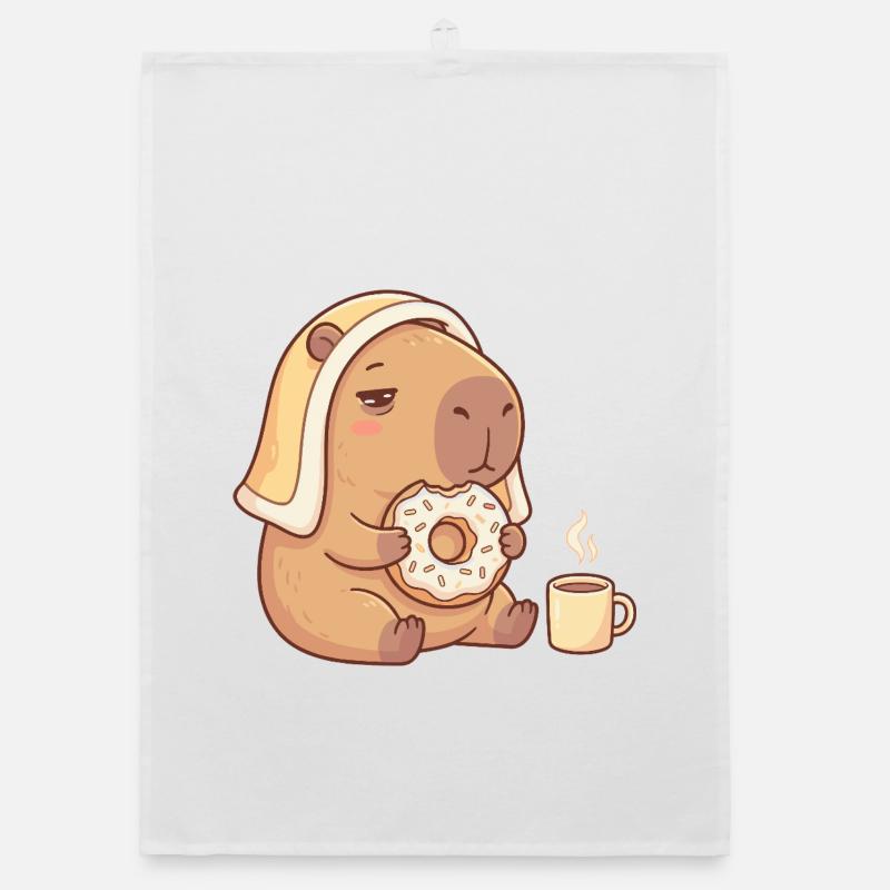 Capybara with donut and coffee cozy motif Organic dish towel