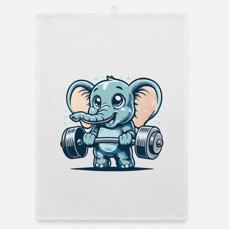 Cute cartoon elephant doing strength training Organic dish towel