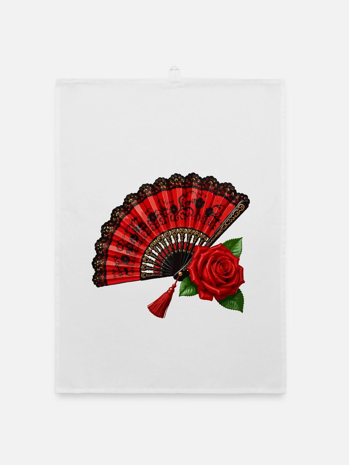 Spanischer Fächer mit Rose - Organic Geschirrtuch - Weiß - Vorne
