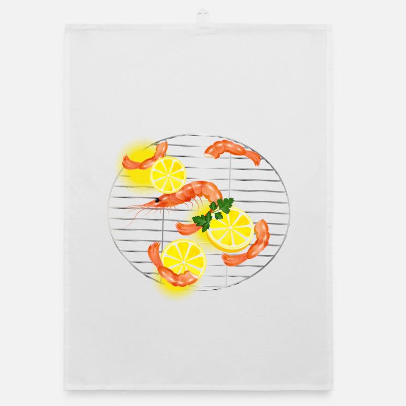 Garnelen oder Shrimps mit Zitronen auf Grillrost Organic Geschirrtuch