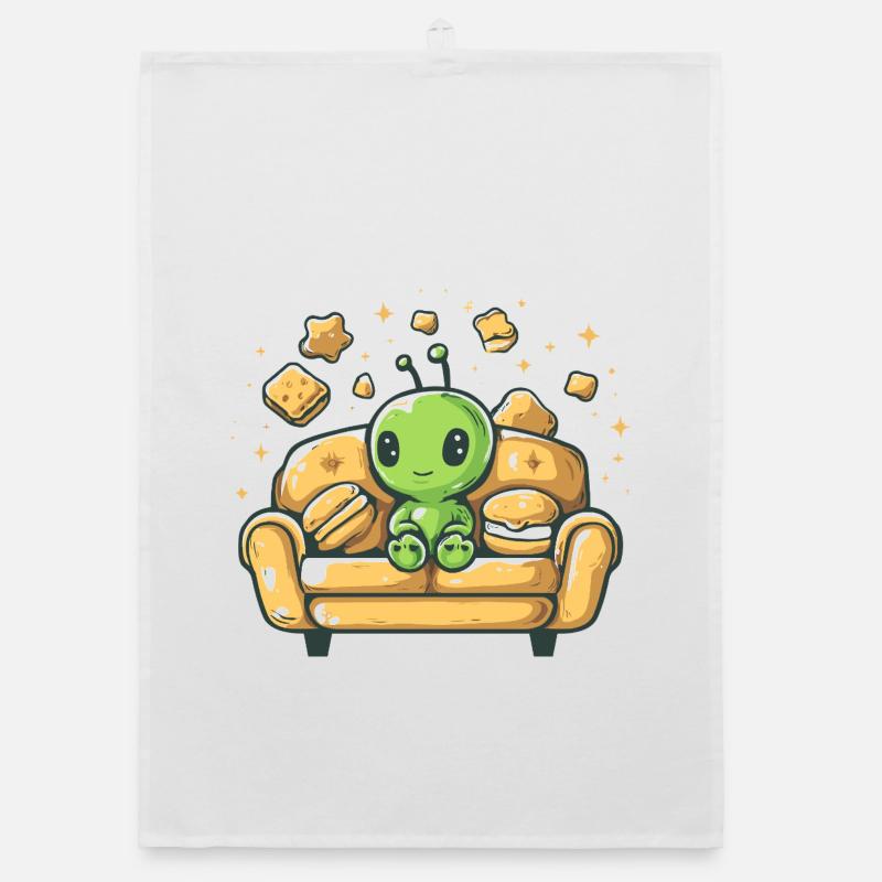 Cuddly alien on sunny sofa Organic dish towel
