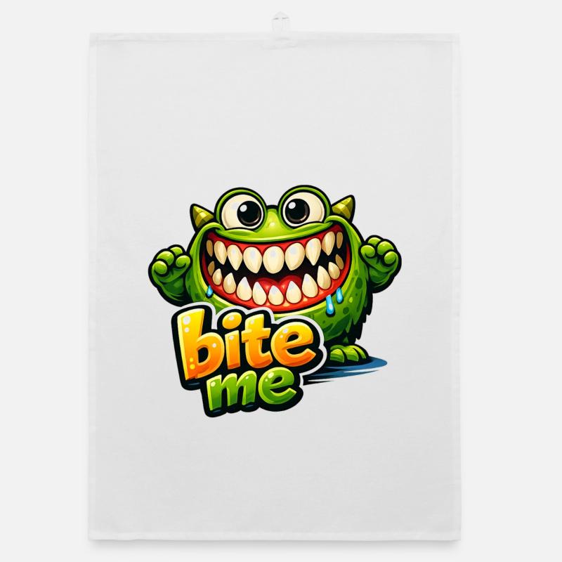 Dessin animé Monstre Drôle Vert BiteMe - Torchon bio - blanc