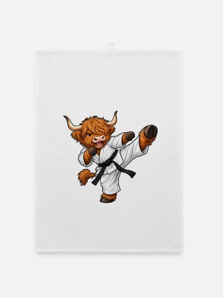 Highland Cattle beim Karate – Kuh mit Kampfgeist - Organic Geschirrtuch - Weiß - Vorne