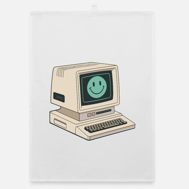 Retro smiley face on vintage computer Organic dish towel