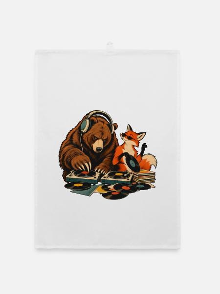Bär & Fuchs als Vinyl DJs – Musikduo - Organic Geschirrtuch - Weiß - Vorne
