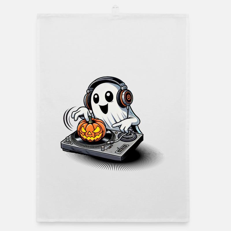 Happy Halloween ghost as a DJ with a pumpkin Organic dish towel