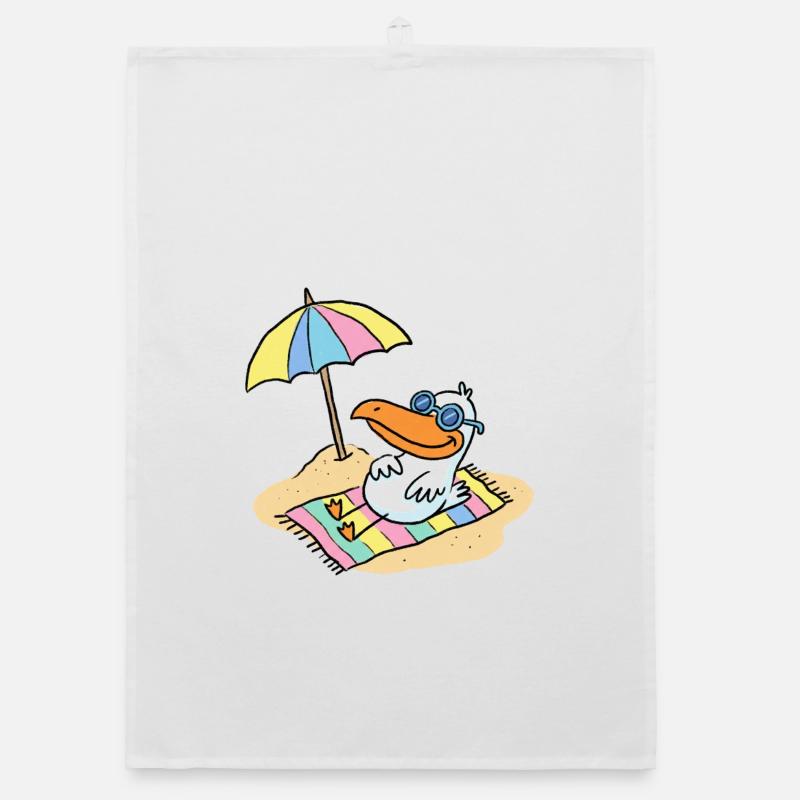 Oiseau du soleil sur la plage avec parasol - Torchon bio - blanc