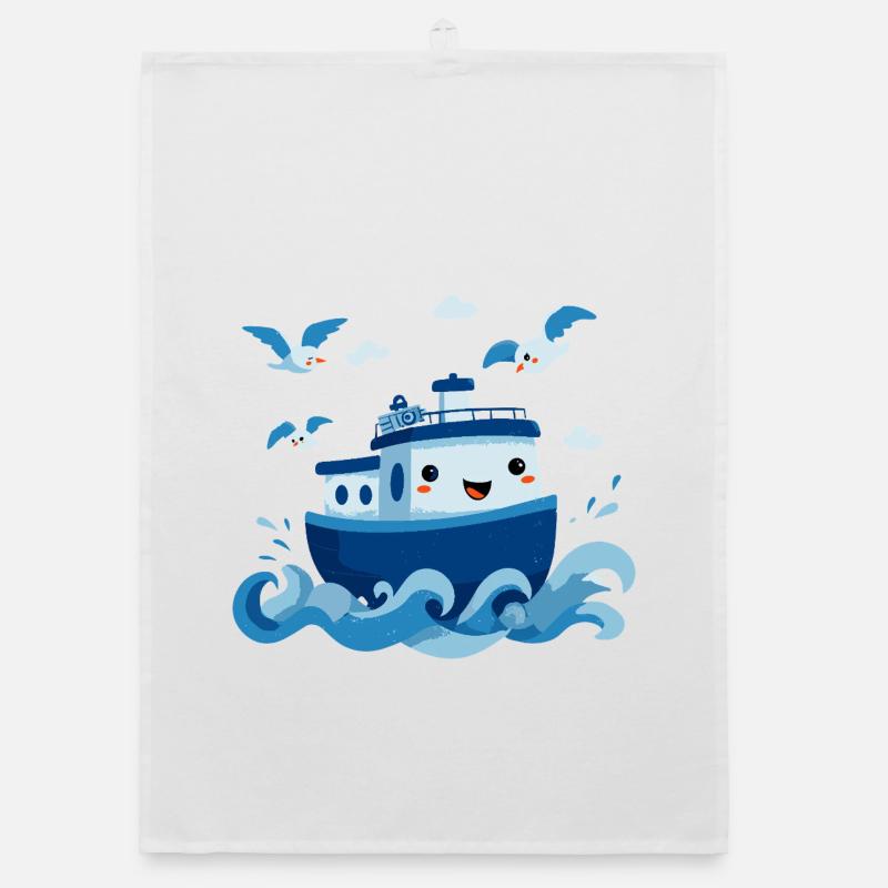 Joyeuse Bateau Bleu en Mer Torchon bio
