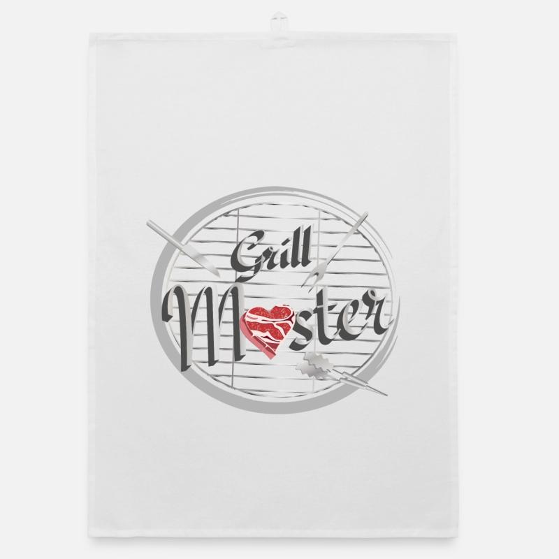 Ein Grill mit Grillbesteck und Fleisch in Herzform Organic Geschirrtuch