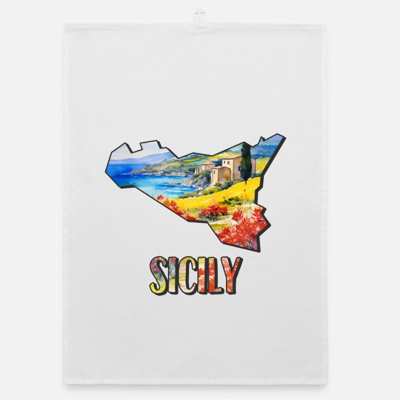 Carte à l’aquarelle de la Sicile Torchon bio