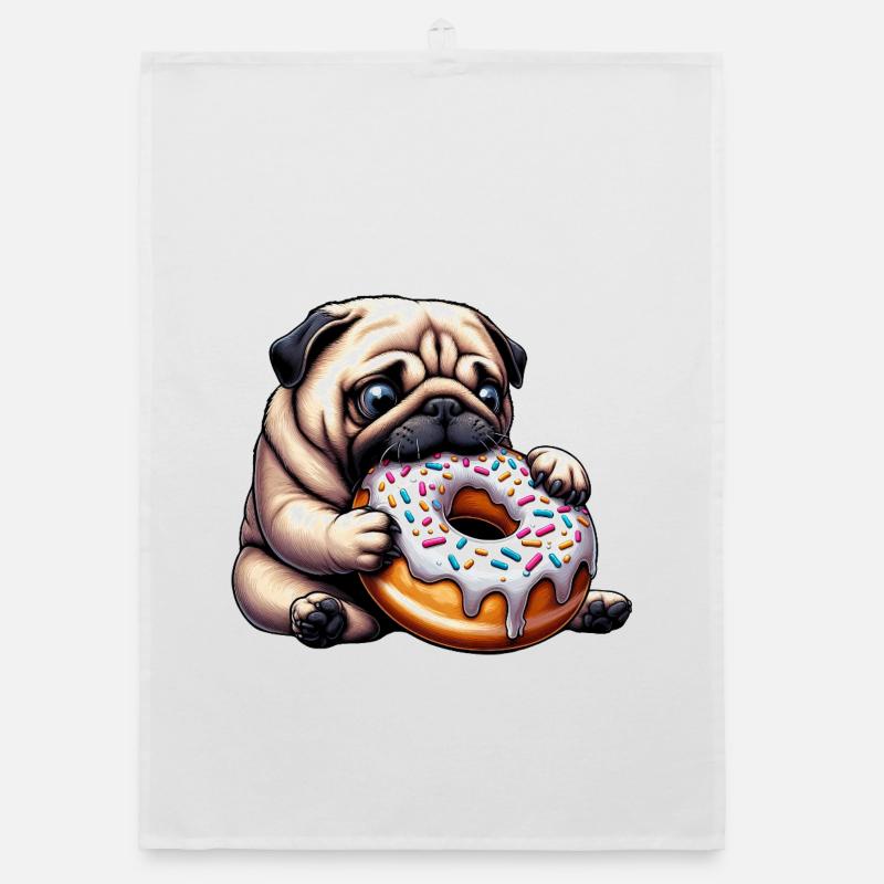 Cute Pug with Donut Cartoon Funny Snacking Organic dish towel