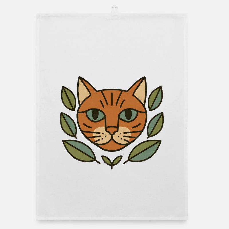 Tête de chat dans une couronne de feuilles Torchon bio