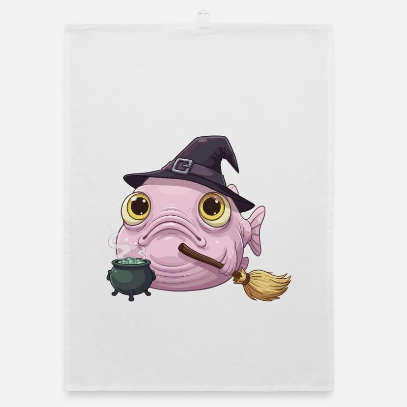 Poisson-Blobfish Drôle - Chapeau de Sorcière et Chaudron Magique Torchon bio