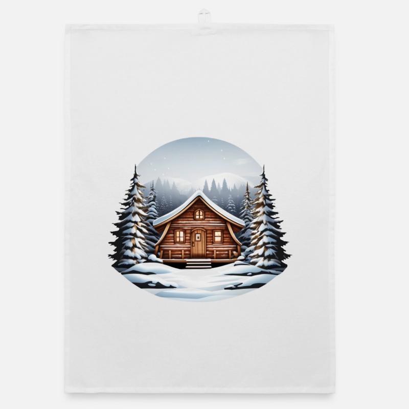 Cabane en bois, cabane de Noël - Torchon bio - blanc