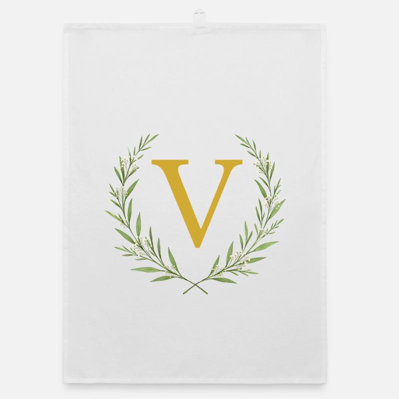 V Monogram, Eucalyptus Wreath, Personalizable Organic dish towel
