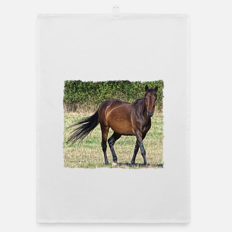 Cheval brun au pas dans une prairie Torchon bio
