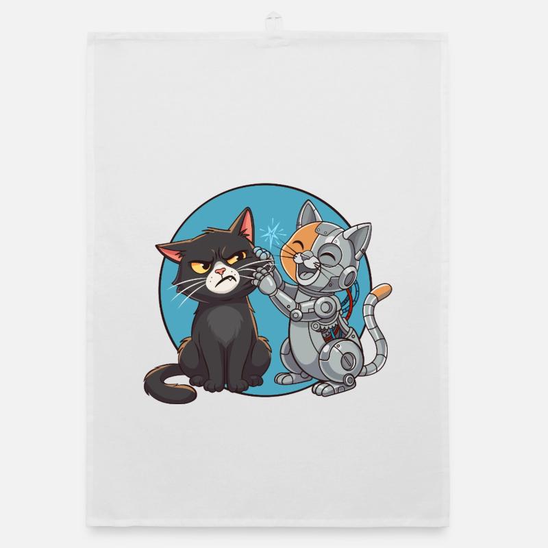 Curious cat and robot Organic dish towel