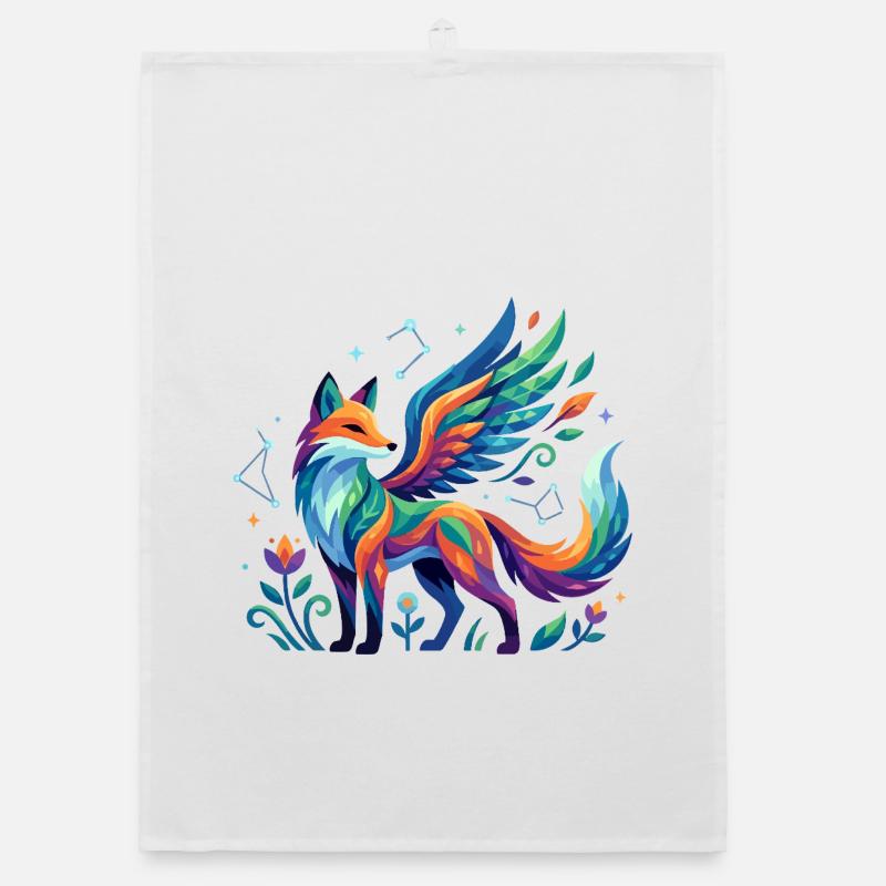 Colorful fantasy fox with wings cosmic pattern Organic dish towel