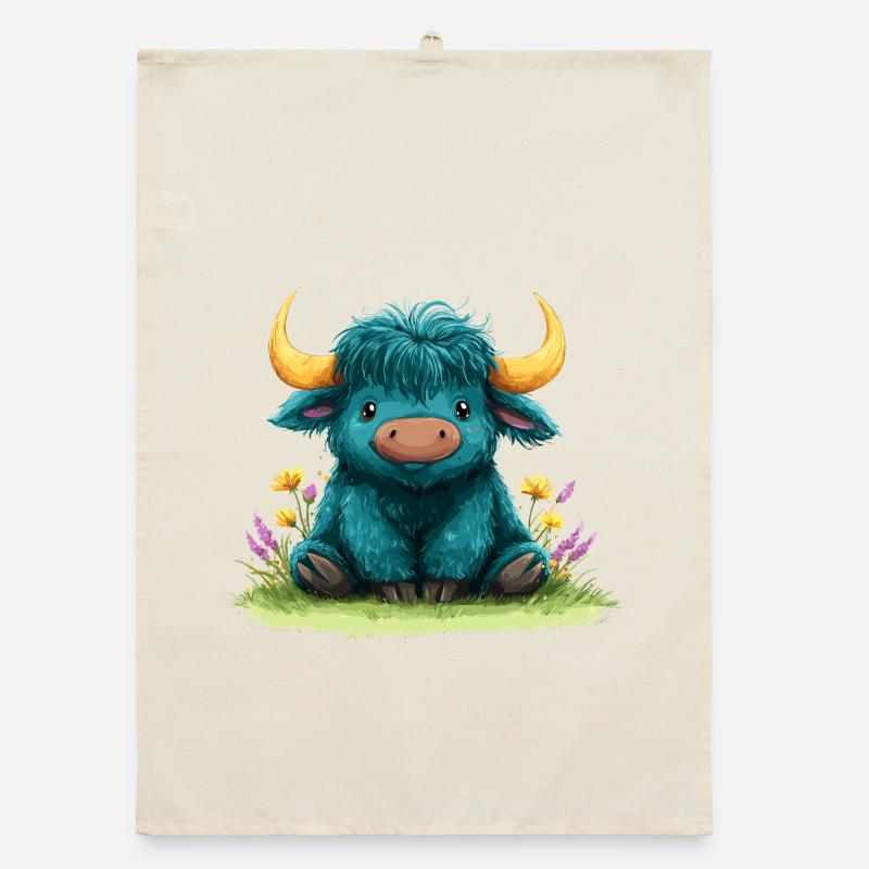 Yak bleu dans une mer de fleurs Torchon bio