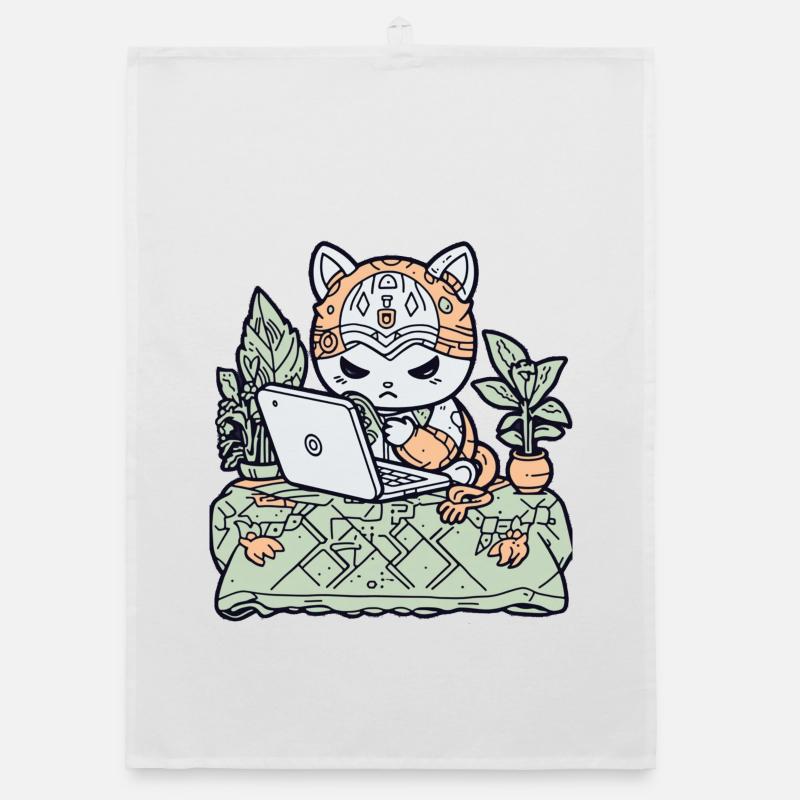 Tech Cat in Garden Armor - Organic dish towel - white