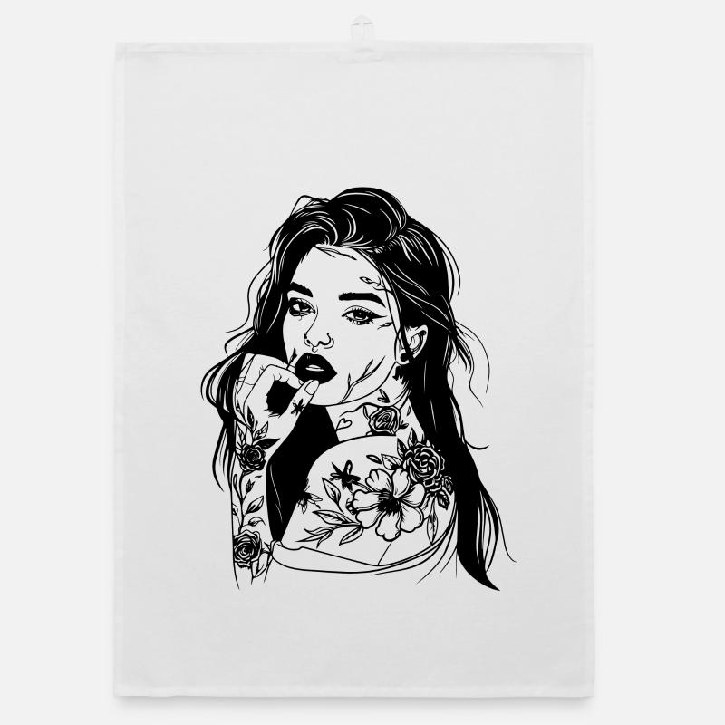 Tattoo Mädchen Linie Kunst Porträt - Organic Geschirrtuch - Weiß