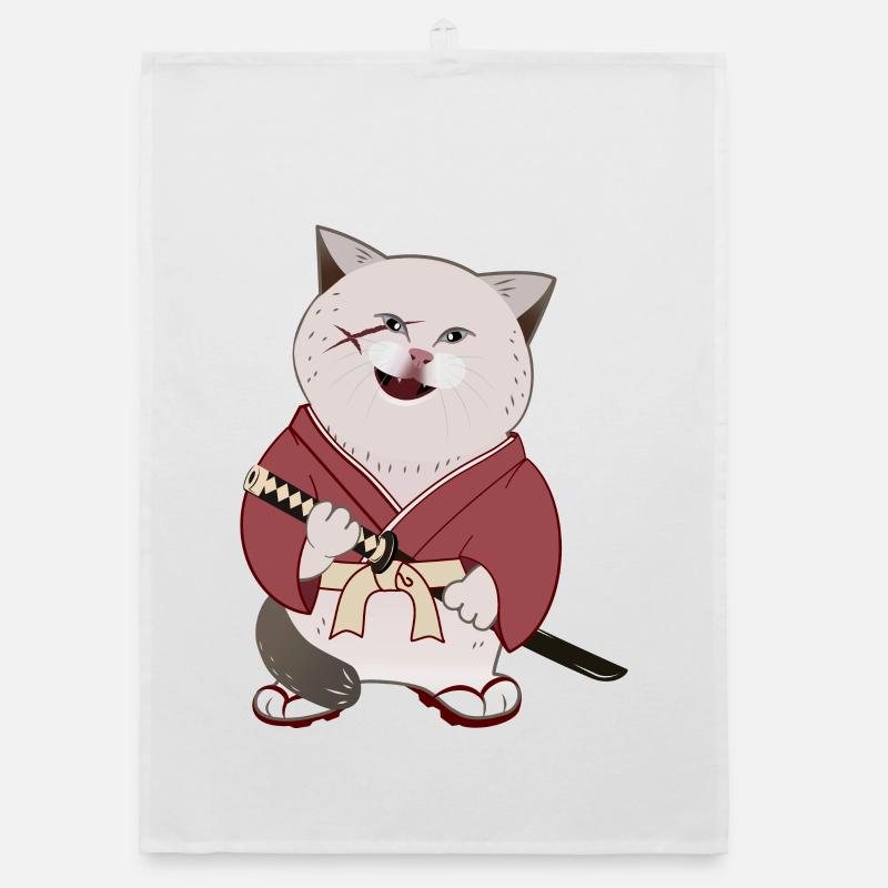 Cute Chubby Samurai Cat holding Katana Organic dish towel