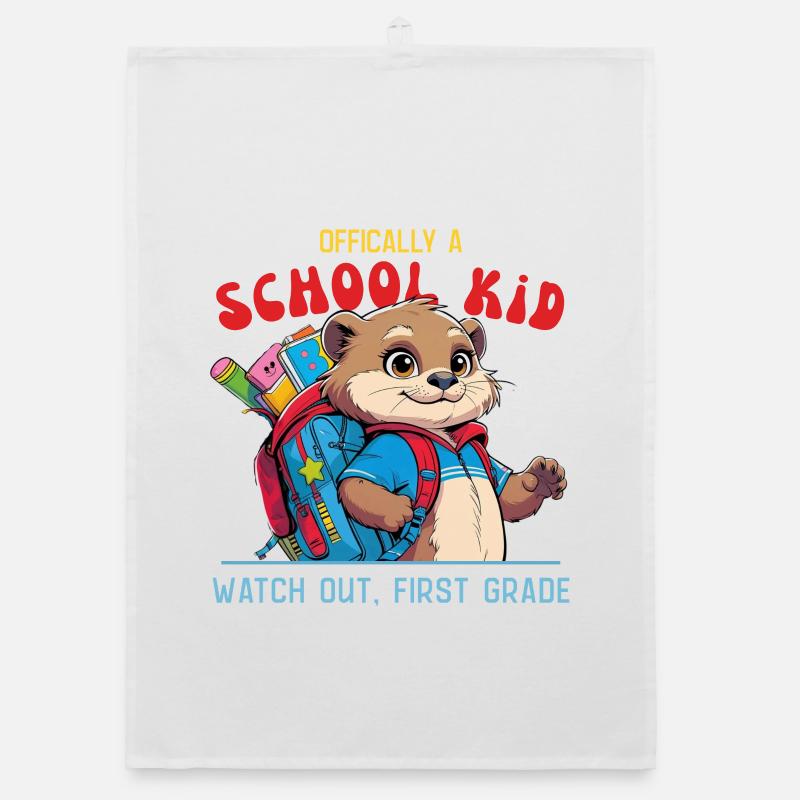 Funny schoolchild with backpack design - Organic dish towel - white
