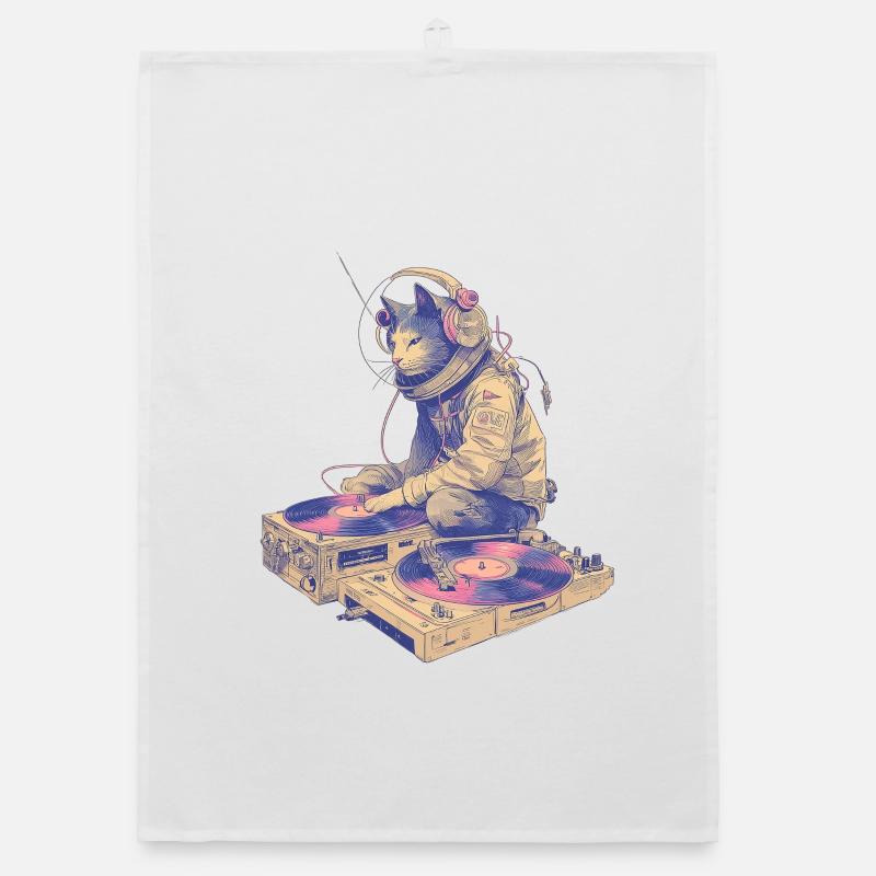 Cat DJ at the turntable Organic dish towel