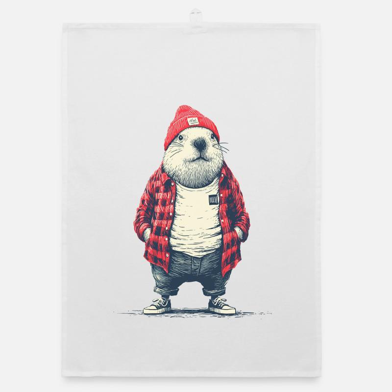 Beaver in red plaided jacket Organic dish towel