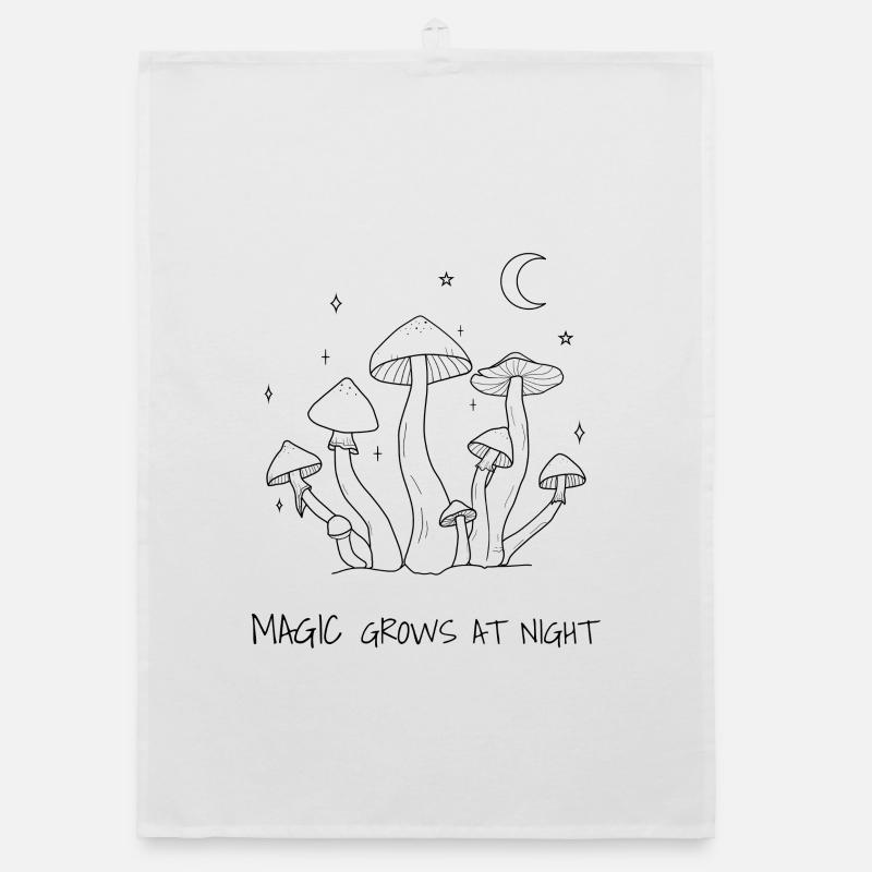 Magic Grows at Night Mushroom Design - Organic dish towel - white