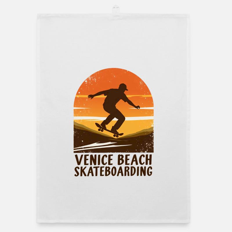 Skateboard au coucher du soleil à Venice Beach Torchon bio