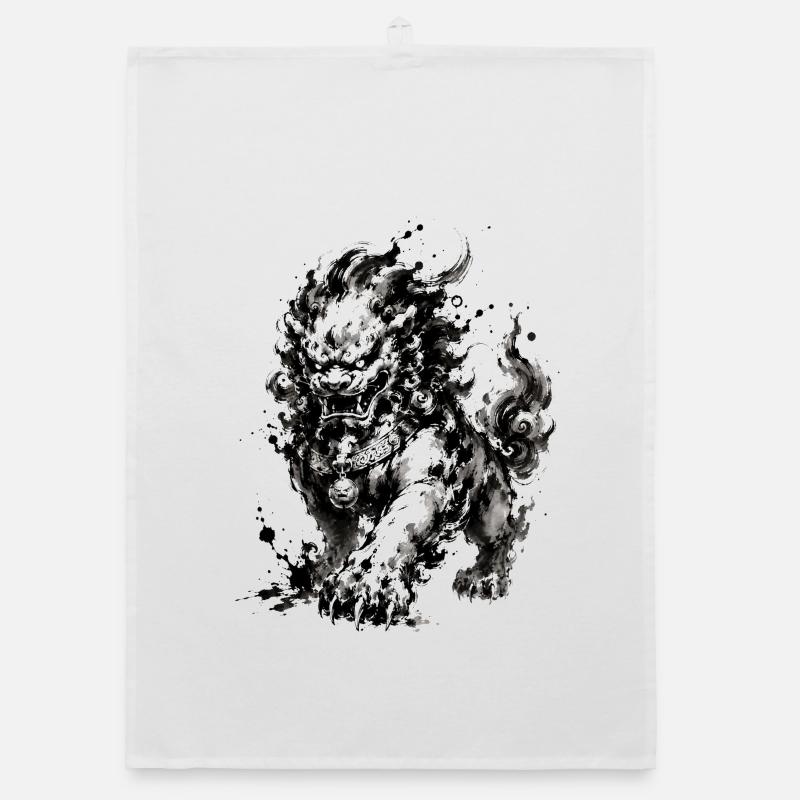 Ink Foo Dog Wächter - Organic Geschirrtuch - Weiß
