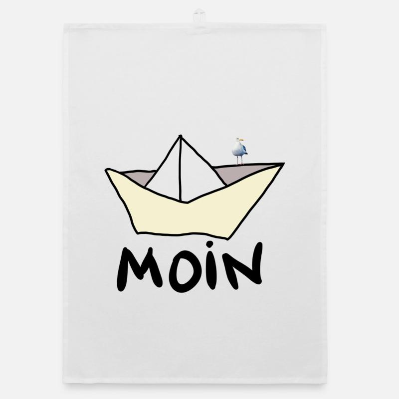 Papierboot am Strand mit Möwe Organic Geschirrtuch