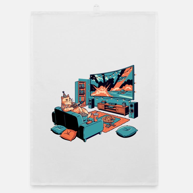 Dicke Sofakatze Chips TV Kino Abend Katze Motiv Organic Geschirrtuch