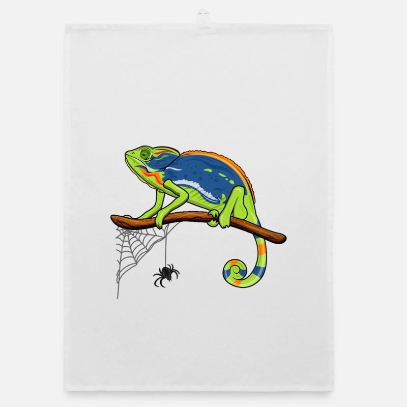 Chameleon On Branch with Spider Web Organic dish towel