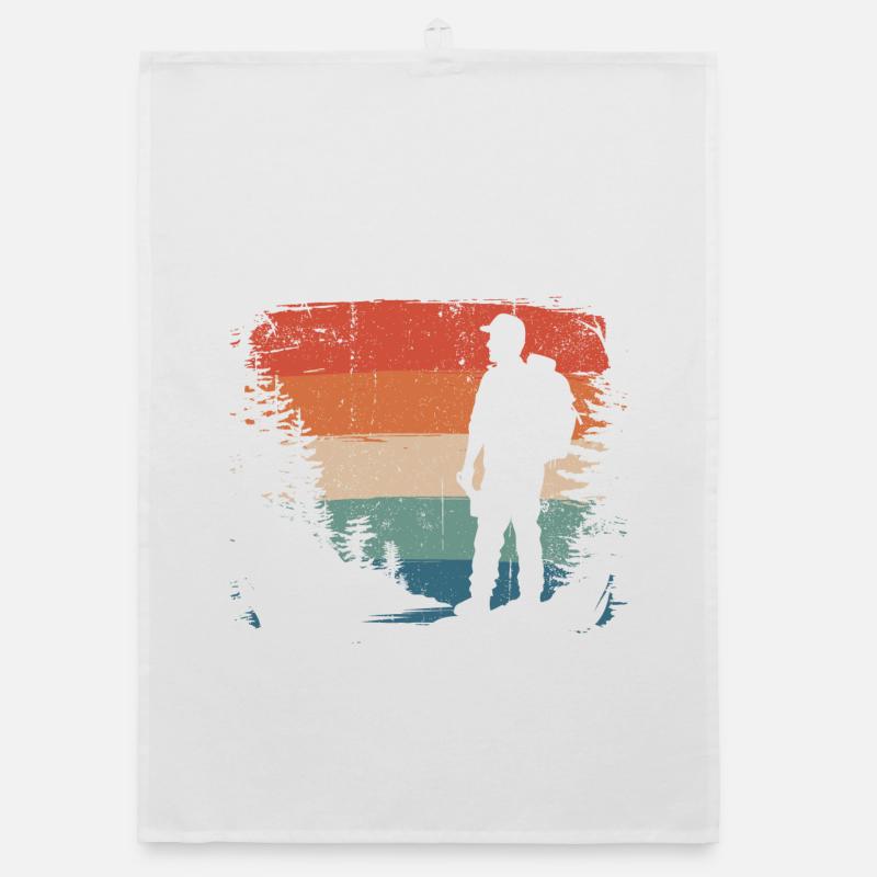 Silhouette de randonneur contre rayures coucher de soleil - Torchon bio - blanc