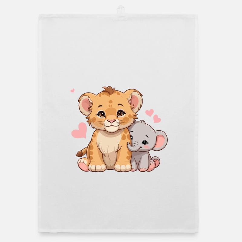 Bébé lion et bébé éléphant – Motif de l’amitié douce - Torchon bio - blanc