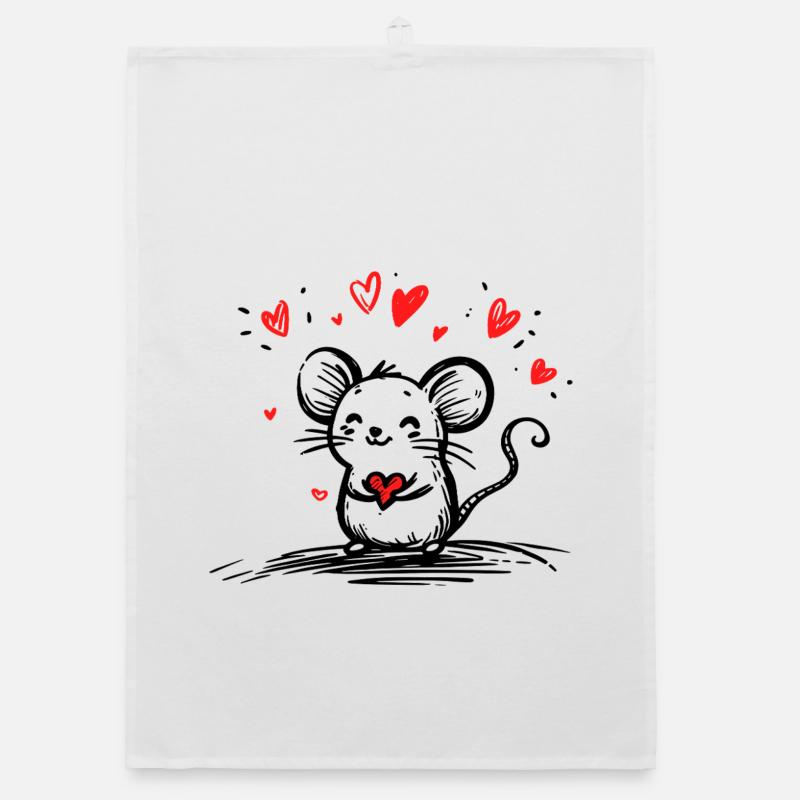 Souris amoureuse de cœurs flottants - Torchon bio - blanc