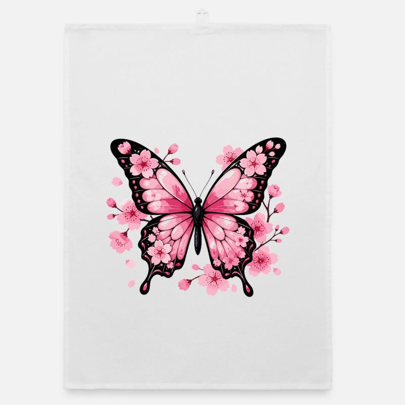 Papillon rose devant des cerisiers en fleurs Torchon bio