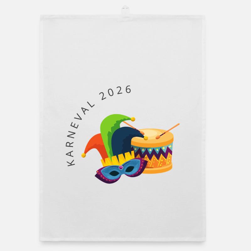 Karneval 2026 – Maske & Trommel buntes Design - Organic Geschirrtuch - Weiß